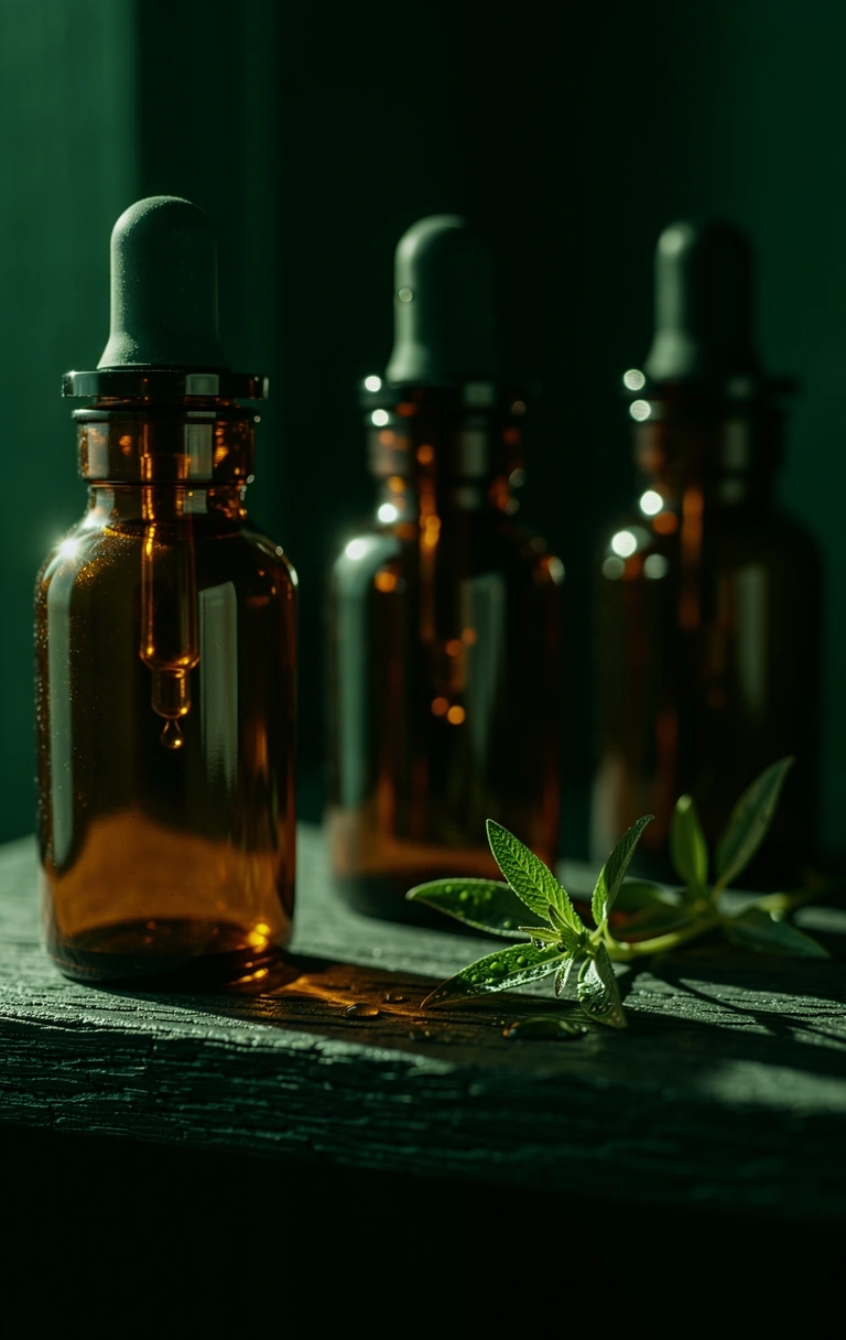 Apothecary glass bottles on wooden shelf